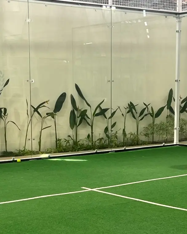 Court with botanical glass mural
